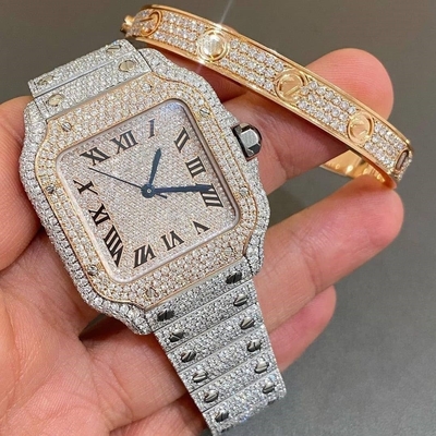 Đàn ông Phụ nữ Kim cương Bling đồng hồ Dial Bezel Band VVS Moissanite Watch